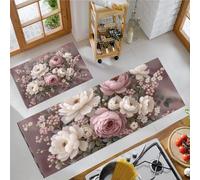 GDJSMIN Realistic Floral Design Kitchen Mats - Roses Green Leaves Non Slip Washable Kitchen Rug Sets 2 Piece Blush Powder For Hallway Laundry Room 50×80Cm+50×120Cm
