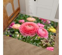 GDJSMIN Realistic Garden Doormat Decorative Door Mat Indoor,Pink Ranunculus Green Leaf Doormat Washable Floor Mat, Non Slip Entrance Rug For Kitchen Outdoor,Coral Powder,50 x 80 cm