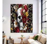 GDJSMIN Red Canvas Wall Art, Retro Botanical Floral Design Home Decor, Skull Motifs Wall Decor Painting Poster Artwork For Living Room Bedroom Hallway Office 40×60 Cm, Unframed