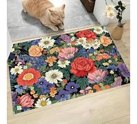 GDJSMIN Retro Pastoral Style Door Mats Indoor, Washable Soft Doormats,Peony Daisy Patterns Entrance Mat Ultra Thin Low-Pile Entry Rug for Bedroom Kitchen Hallway Kids Room Laundry,40 x 60 cm, Green