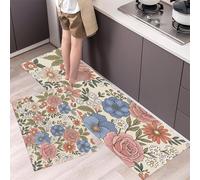 GDJSMIN Rose And Daisy Patterns Kitchen Rugs And Mats Non Skid Washable Set Of 2, Retro Floral Kitchen Floor Mats, Cream Kitchens Runner Rug,50×80Cm+50×120Cm