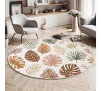 GDJSMIN Round Abstract Plant Illustrations Rug For Living Room, Machine Washable Rug Non-Slip, Low Pile & Non-Shedding, Monstera Leaf Design Carpets For Bedroom Lounge, 90Cm, Brown