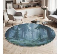 GDJSMIN Round Area Rug 160cm Soft Circle Carpet Rug Short Pile Non Slip Washable Tall Trees Design Floor Round Rugs for Living Room Bedroom(Light Blue Misty Forest Scenery)