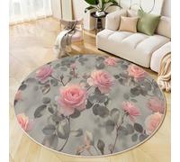 GDJSMIN Round Area Rug 80cm Soft Circle Carpet Rug Short Pile Non Slip Washable Pink Roses Gray Leaf Design Floor Round Rugs for Living Room Bedroom(Light Gray Natural Style)