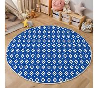 GDJSMIN Round Geometric Elements Rug For Living Room, Machine Washable Rug Non-Slip, Low Pile & Non-Shedding, White Diamond Pattern Carpets For Bedroom Lounge, 160Cm, Blue
