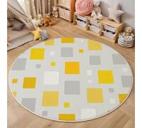 GDJSMIN Round Living Room Rug 120Cm, Geometric Square Elements Circle Area Carpet, Soft Low Pile Washable Non Slip Modern Minimalist Style Floor Mat For Bedroom Dorm Beside Sofa,Yellow Gray
