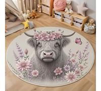 GDJSMIN Round Living Room Rug 180Cm, Scottish Highland Cattle Flowers Circle Area Carpet, Soft Low Pile Washable Non Slip Animal Portraits Floor Mat For Bedroom Dorm Beside Sofa,Grey