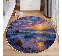 GDJSMIN Round Living Room Rug 180Cm, Waves Rocks Sunset Circle Area Carpet, Soft Low Pile Washable Non Slip Sunset At The Beach Floor Mat For Bedroom Dorm Beside Sofa,Dark Blue