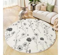 GDJSMIN Round Minimalist Line Design Rug for Living Room, Machine Washable Rug Non-Slip, Low Pile & Non-Shedding, Wildflower Leaf Patterns Carpets for Bedroom Lounge, 80cm, White