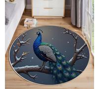 GDJSMIN Round Natural Scenery Rug For Living Room, Machine Washable Rug Non-Slip, Low Pile & Non-Shedding, Peacocks Perched On Tree Branches Carpets For Bedroom Lounge, 90Cm, Blue-Green