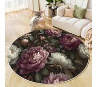 GDJSMIN Round Realistic Floral Style Rug for Living Room, Machine Washable Rug Non-Slip, Low Pile & Non-Shedding, Peony Green Leaf Patterns Carpets for Bedroom Lounge, 80cm, Purple