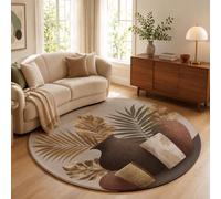 GDJSMIN Round Rug 180cm Soft Bohemian Plants Washable Rust Brown Circle Rug Vase Gold Leaf Monstera Leaves Non Slip Carpet for Living Room Dining Room Bedroom Entryway