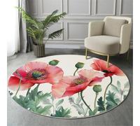 GDJSMIN Round Rugs 120Cm Circle Washable Area Rugs For Living Room Watercolor Poppy Soft Low-Pile Carpets With Non-Slip Backing Plant And Flower Theme Carpet For Kid’S Bedroom Nursery,Red
