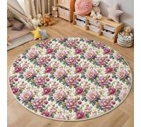 GDJSMIN Round Rugs, 120Cm Pink Peony Blossoms Fluffy Low Pile Area Rugs, Non-Slip Romantic And Elegant Flowers Plush Carpet Non Shedding Easy To Clean For Dining Room Office Home Decor, Blush Powder