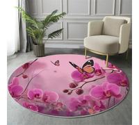 GDJSMIN Round Rugs 160Cm Circle Washable Area Rugs For Living Room Pink Orchid Soft Low Pile Carpets Non-Slip Backing Natural Landscape Carpet For Kid Bedroomdark Pink