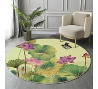 GDJSMIN Round Rugs 180Cm Circle Washable Area Rugs For Living Room Lotus Leaf Butterfly Design Soft Low Pile Carpets Non-Slip Backing Chinese Style Illustration Carpet For Kid Bedroomyellow-Green