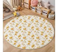 GDJSMIN Round Rugs, 200Cm Mustard Yellow Floral Pattern Fluffy Low Pile Area Rugs, Non-Slip Plant And Flower Plush Carpet Non Shedding Easy To Clean For Dining Room Office Home Decor, Yellow