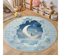 GDJSMIN Round Rugs 60Cm Circle Washable Area Rugs For Living Room 3D Hole In White Brick Wall Soft Low Pile Carpets Non-Slip Backing Dreamy Crescent Moon Scene Carpet For Kid Bedroomlight Blue