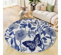 GDJSMIN Round Rugs 60Cm Circle Washable Area Rugs For Living Room Butterflies Flower Patterns Soft Low Pile Carpets Non-Slip Backing Hand-Painted Floral Illustrations Carpet For Kid Bedroomindigo