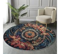 GDJSMIN Round Rugs 60Cm Circle Washable Area Rugs For Living Room Floral Swirls Soft Low Pile Carpets Non-Slip Backing Intricate Mandala Patterns Carpet For Kid Bedroomdark Blue