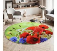 GDJSMIN Round Rugs 80Cm Circle Washable Area Rugs For Living Room Red Poppy Flowers Soft Low-Pile Carpets With Non-Slip Backing Spring Nature Landscape Carpet For Kid’S Bedroom Nursery,Red