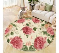 GDJSMIN Round Rugs 80Cm Circle Washable Area Rugs For Living Room Rose Green Leaf Pattern Soft Low Pile Carpets Non-Slip Backing Plant Theme Carpet For Kid Bedroompink
