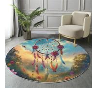 GDJSMIN Round Rugs 90Cm Circle Washable Area Rugs For Living Room Dream Catcher Feather Design Soft Low Pile Carpets Non-Slip Backing Fantasy Art Style Carpet For Kid Bedroomlight Blue