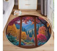 GDJSMIN Round Rugs, 90Cm Wooden Window Frames Forest Fluffy Low Pile Area Rugs, Non-Slip Autumn Scenery Plush Carpet Non Shedding Easy To Clean For Dining Room Office Home Decor, Yellow