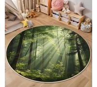 GDJSMIN Round Rugs For Living Room 160Cm, Natural Forest Scenery Floor Rug Machine Washable Sunlight Shines Through The Trees Carpet Floor Mat, Non Slip Soft Carpet Rug For Bedroom Home Decor, Green