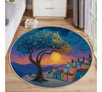 GDJSMIN Round Rugs For Living Room 60Cm, Quilling Art Style Floor Rug Machine Washable Spiral Leaf Tree Carpet Floor Mat, Non Slip Soft Carpet Rug For Bedroom Kitchen Home Decor, Blue