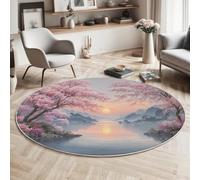 GDJSMIN Round Rugs Living Room 120cm, Chinese Style Area Rugs, Machine Washable Non-Slip Carpet, Low Pile Non-Shedding, Pink Peach Blossom Tree, Dining Room, Bedroom