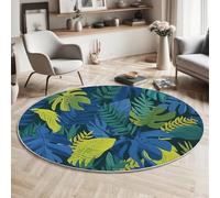 GDJSMIN Round Rugs Living Room 120Cm,Tropical Foliage Design Area Rugs, Machine Washable Non-Slip Carpet,Low Pile Non-Shedding Monstera Leaf Pattern Design Dining Room, Bedroom,Blue-Green