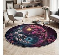 GDJSMIN Round Rugs Living Room 150cm,Fantasy Art Style Area Rugs, Machine Washable Non-Slip Carpet,Low Pile Non-Shedding Cherry Blossoms Crescent Moon Yin-Yang Symbol Design Dining Room, Bedroom,Pink
