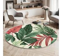 GDJSMIN Round Rugs Living Room 160Cm,Vintage Botanical Art Style Area Rugs, Machine Washable Non-Slip Carpet,Low Pile Non-Shedding Palm Leaf Illustration Design Dining Room, Bedroom,Green