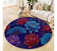 GDJSMIN Round Rugs Living Room 180cm,Eastern Traditional Style Area Rugs, Machine Washable Non-Slip Carpet,Low Pile Non-Shedding Lotus Lotus Leaf Pattern Design Dining Room, Bedroom,Dark Blue