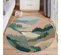 GDJSMIN Round Rugs Living Room 180Cm, Natural Mountain Scenery Area Rugs, Machine Washable Non-Slip Carpet, Low Pile Non-Shedding, Abstract Forest Illustration, Dining Room, Bedroom