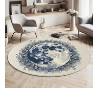 GDJSMIN Round Rugs Living Room 180cm,Watercolor Area Rugs, Machine Washable Non-Slip Carpet,Low Pile Non-Shedding Abstract Floral Full Moon Pattern Design Dining Room, Bedroom,Blue