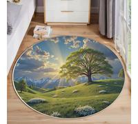 GDJSMIN Round Rugs Living Room 60Cm, Open Grassland Area Rugs, Machine Washable Non-Slip Carpet, Low Pile Non-Shedding, Sunlight Piercing Through The Clouds, Dining Room, Bedroom