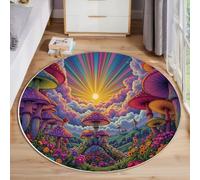 GDJSMIN Round Rugs Living Room 60Cm,Psychedelic Cartoon Art Area Rugs, Machine Washable Non-Slip Carpet,Low Pile Non-Shedding Fantasy Mushroom Forest Design Dining Room, Bedroom,Purple