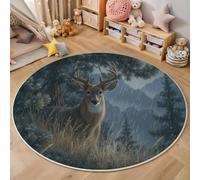 GDJSMIN Round Rugs Living Room 60Cm, Realistic Style Area Rugs, Machine Washable Non-Slip Carpet, Low Pile Non-Shedding, Forest White-Tailed Deer, Dining Room, Bedroom