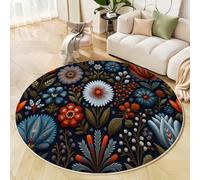 GDJSMIN Round Rugs Living Room 60cm,Retro Floral Pattern Area Rugs, Machine Washable Non-Slip Carpet,Low Pile Non-Shedding Flower Leaf Texture Design Dining Room, Bedroom,Blue