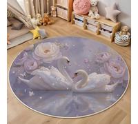 GDJSMIN Round Rugs Living Room 80cm,Romantic Style Area Rugs, Machine Washable Non-Slip Carpet,Low Pile Non-Shedding Flowers Swans Scene Design Dining Room, Bedroom,Lavender