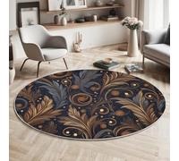 GDJSMIN Round Rugs Living Room 90Cm,Art Deco Area Rugs, Machine Washable Non-Slip Carpet,Low Pile Non-Shedding Leaf Print Design Dining Room, Bedroom,Navy Blue