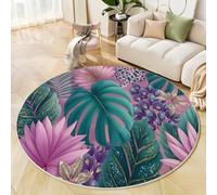 GDJSMIN Round Tropical Jungle Plants Rug For Living Room, Machine Washable Rug Non-Slip, Low Pile & Non-Shedding, Monstera Leaves And Purple Flowers Carpets For Bedroom Lounge, 150Cm, Dark Green