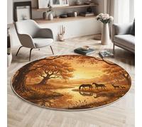 GDJSMIN Rugs Living Room Round 80Cm Autumn Forest Animals Washable Circle Area Rugs, River Silhouette Of A Red Deer Bedroom Carpet Round Short Pile Anti Slip For Dining Room,Orange