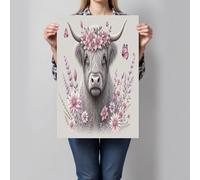 GDJSMIN Scottish Highland Cattle Flowers Canvas Wall Art, Animal Portraits Wall Decor Poster Prints, Canvas Unframe Prints Room Decor For Living Room Bathroom Bedroom Home 60×80 Cm