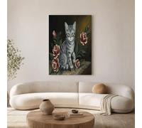 GDJSMIN Silver Tabby Cat Rose Wall Art Retro Oil Painting Style Canvas Prints Grey Posters Modern Artwork Wall Pictures For Bedroom Living Room Office Decor 70×100 Cm Unframed