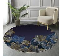 GDJSMIN Simple Line Drawing Rugs Round Ø 200Cm Living Room Lotus Leaf Pattern Non-Slip Area Rug Round Machine Washable Floor Carpet Short Pile Soft Circle Rug For Bedroom Nursery, Dark Blue