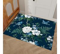 GDJSMIN Small Machine Washable Rugs 90 x 150 cm, Non-Slip Doormat,Retro Plants Bedside Rug, Low Pile Non-Shedding Carpet,Bluebird White Flower Fern Leaf, Entrance, Entryway, Corridor,Navy Blue