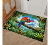 GDJSMIN Small Machine Washable Rugs 90 x 150 cm, Non-Slip Doormat,Tropical Rainforest Ecology Bedside Rug, Low Pile Non-Shedding Carpet,Macaw Monstera Leaf, Entrance, Entryway, Corridor,Emerald Green